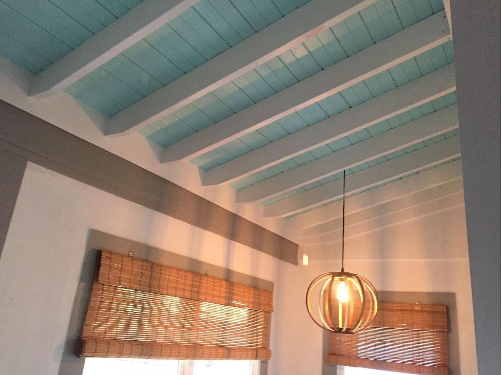 Beadboard ceiling painted blue