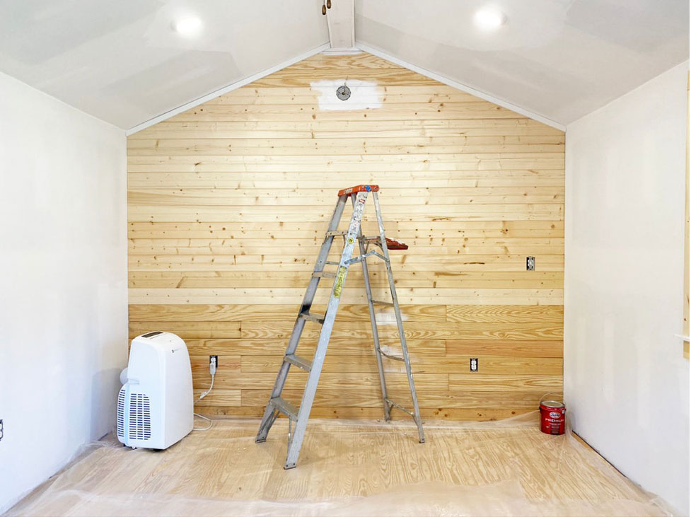 Beadboard Feature Wall in She Shed Office