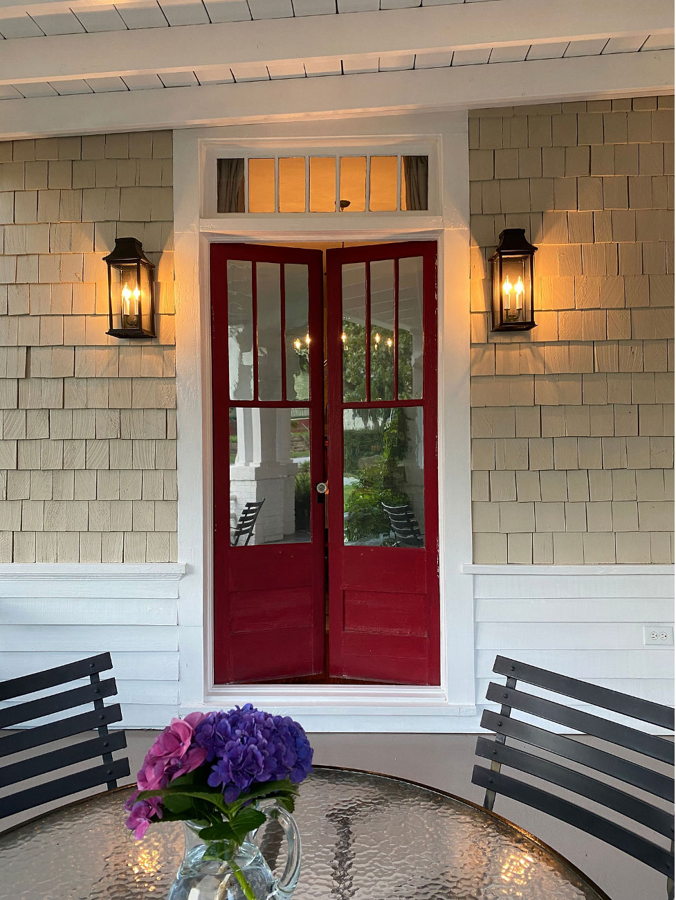 Red Double French Doors and Replica Gas Lanterns